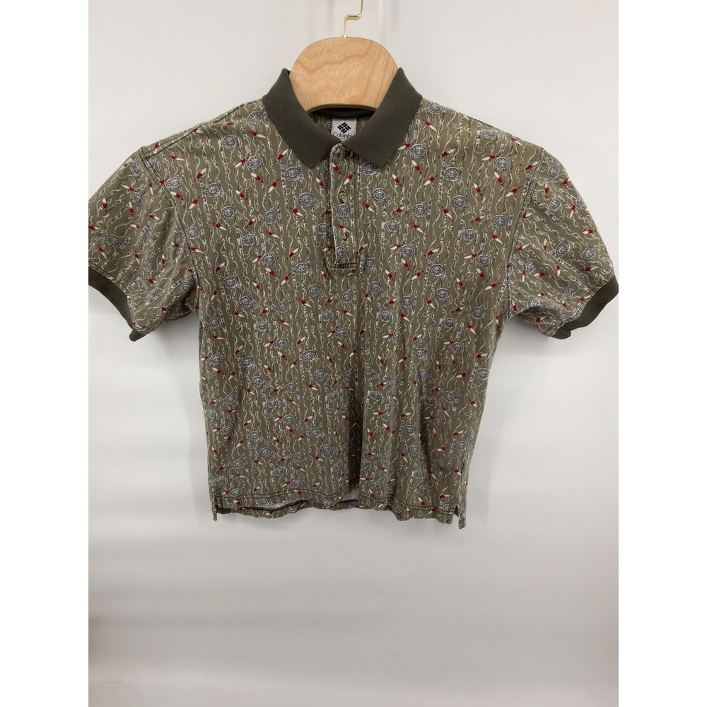 Vintage Columbia Fishing Polo Mens M AOP All Over Print Lure Bobber Olive Cotton